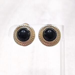 Vintage Clip On Earrings Stylish Gold Tone with Domed Black Center 7/8"